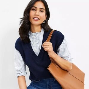 NWT LOFT Striped Ruffle Collar Mixed Media Layered Sweater